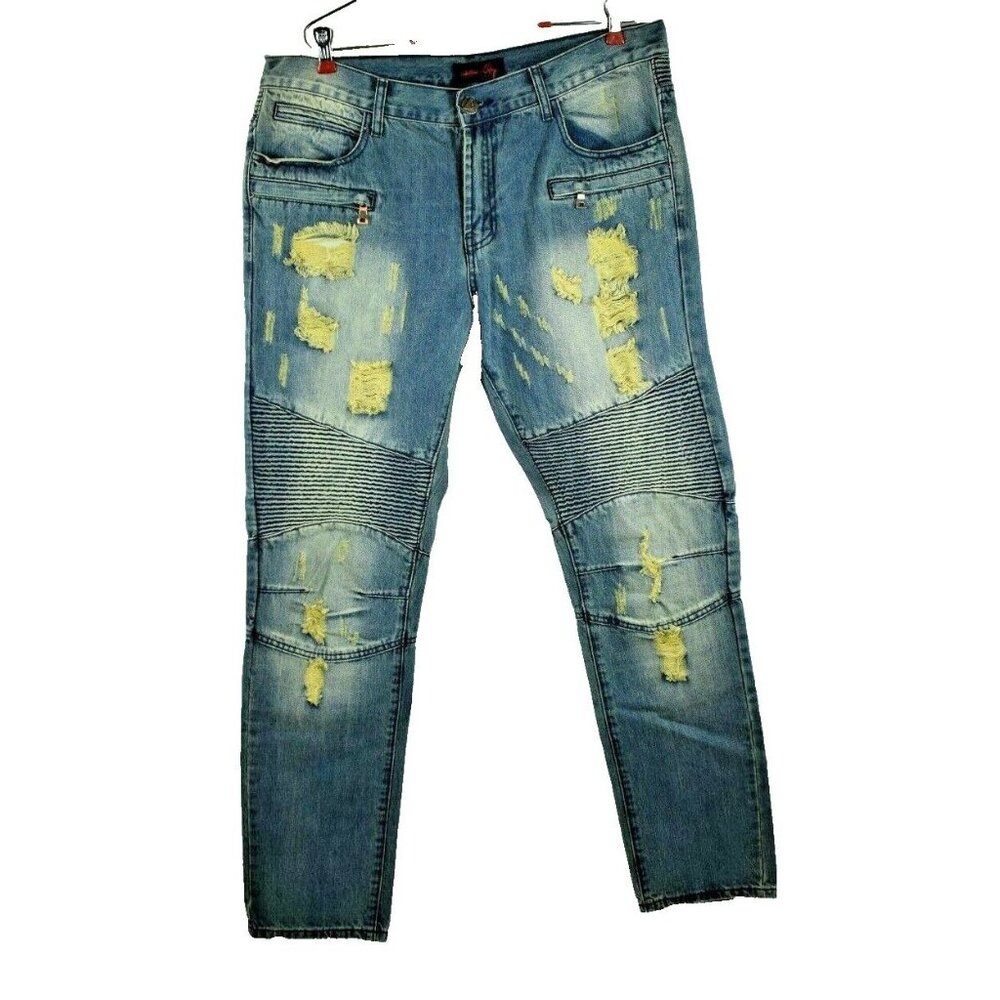 Embellish Mens 38 x 34 Distressed Blue Biker Jeans New with Tags
